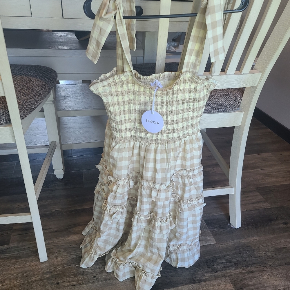 Storia Beige Cream Gingham Tie-Shoulder Midi Dress